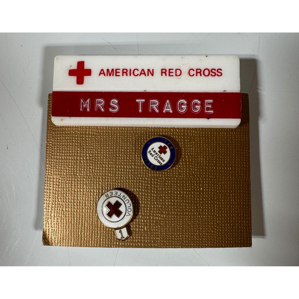 Vintage American Red Cross Name Badge Mrs Tragge 10 Year & 1 Year Volunteer Pins
